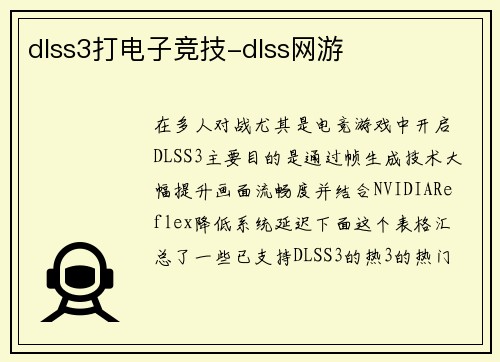 dlss3打电子竞技-dlss网游